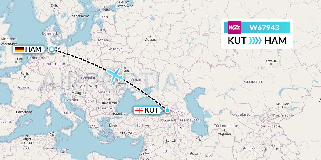 W67943 Wizz Air Flight Map: Kutaisi to Hamburg