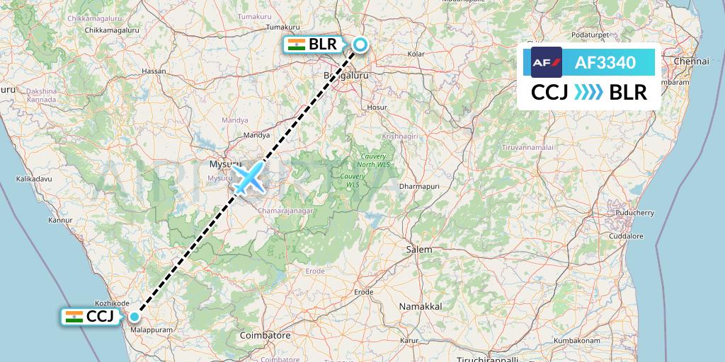 AF3340 Air France Flight Map: Kozhikode to Bangalore