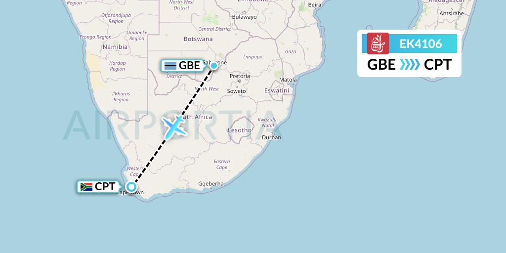 EK4106 Emirates Flight Map: Gaborone to Cape Town