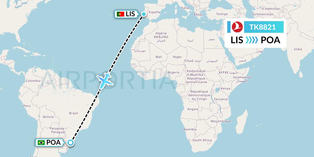 TK8821 Turkish Airlines Flight Map: Lisbon to Porto Alegre