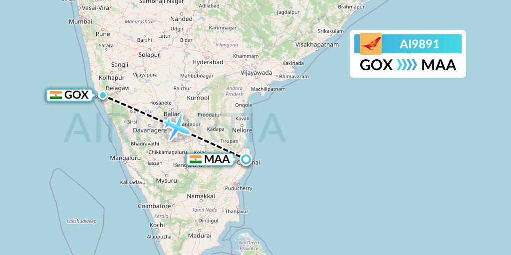AI9891 Air India Flight Map: Goa to Chennai