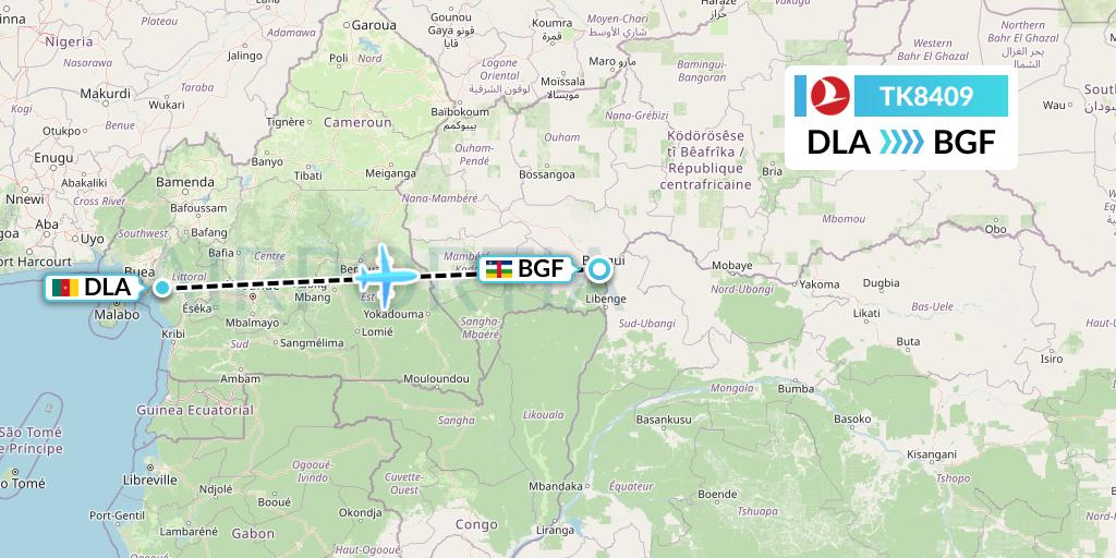 TK8409 Turkish Airlines Flight Map: Douala to Bangui