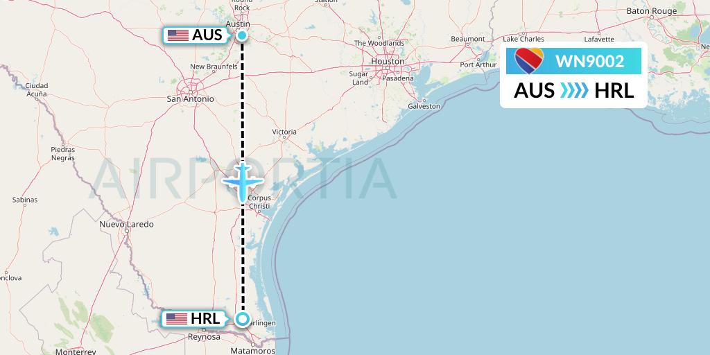 WN9002 Southwest Airlines Flight Map: Austin to Harlingen