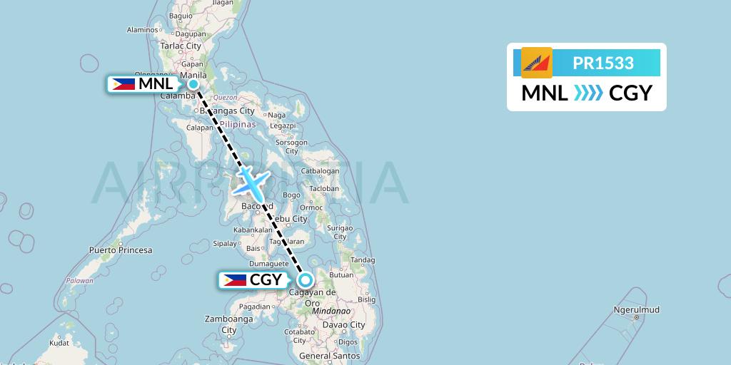 PR1533 Philippine Airlines Flight Map: Manila to Cagayan de Oro