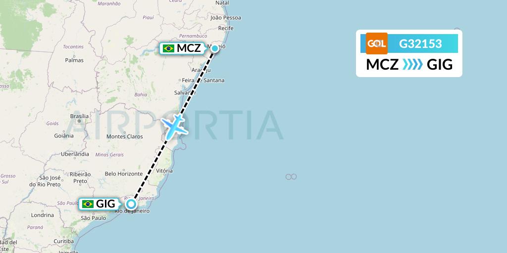 G32153 GOL Transportes Aeros Flight Map: Maceio to Rio de Janeiro
