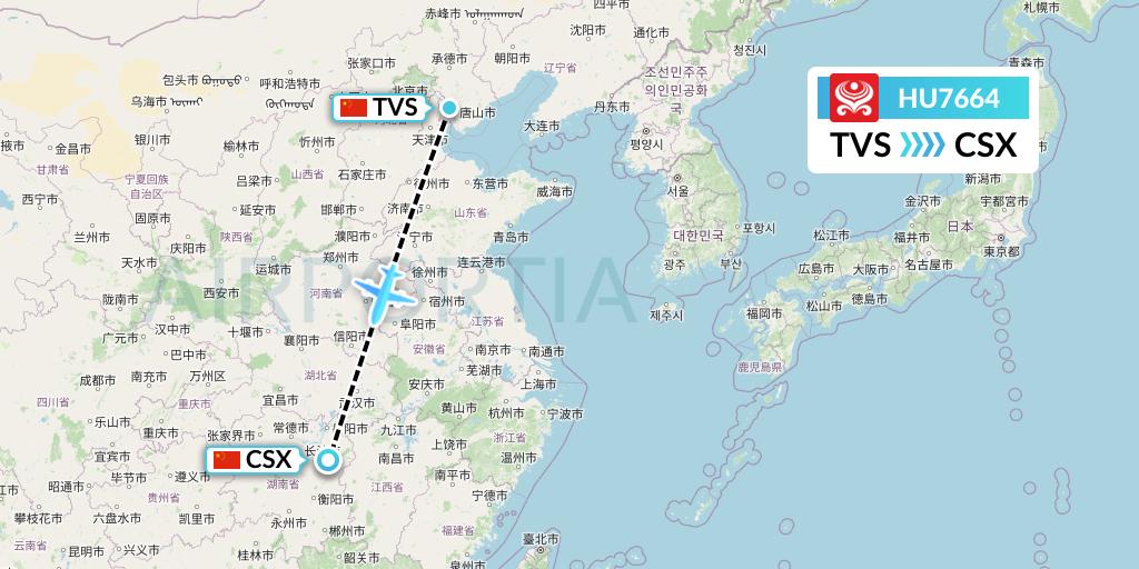 HU7664 Hainan Airlines Flight Map: Tangshan to Changsha
