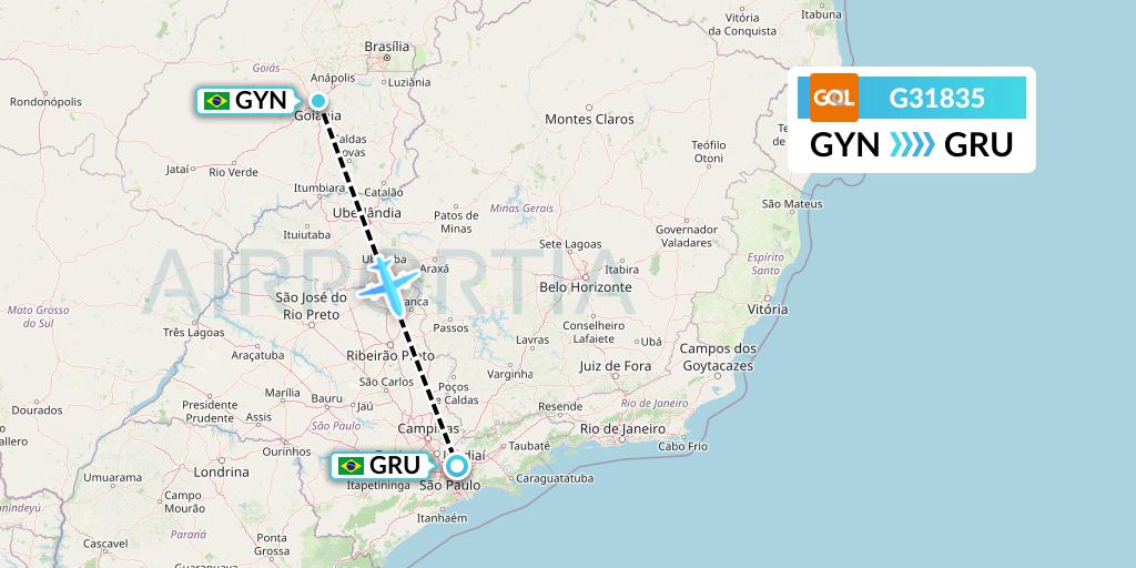 G31835 GOL Transportes Aeros Flight Map: Goiania to Sao Paulo