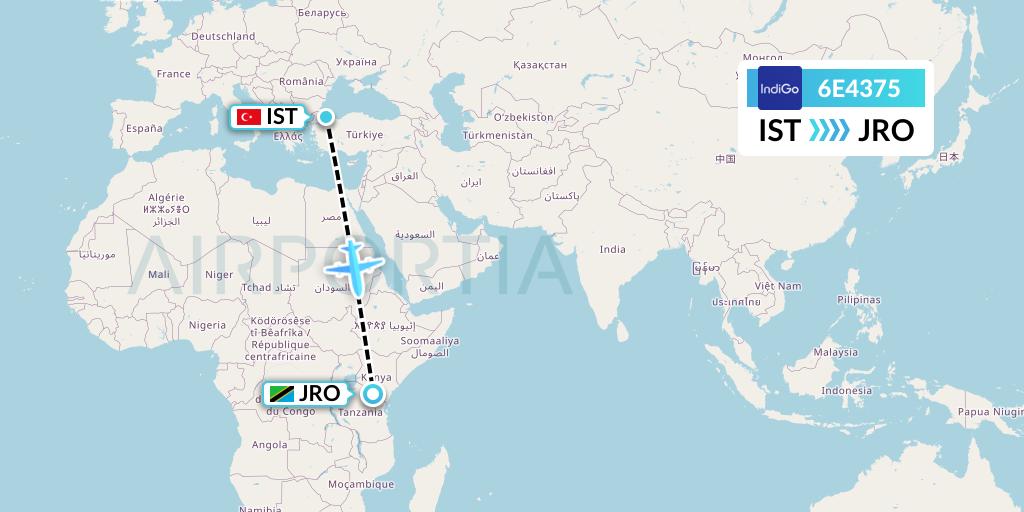 6E4375 IndiGo Airlines Flight Map: Istanbul to Kilimanjaro