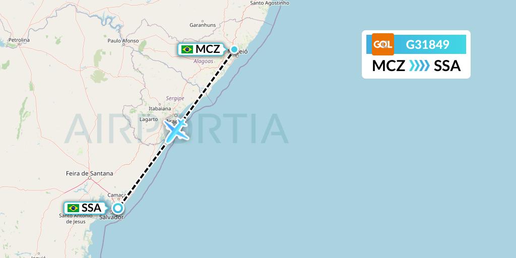 G31849 GOL Transportes Aeros Flight Map: Maceio to Salvador