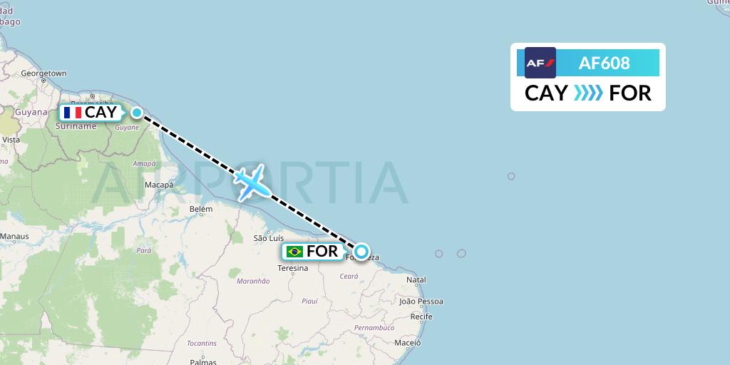 AF608 Air France Flight Map: Cayenne to Fortaleza