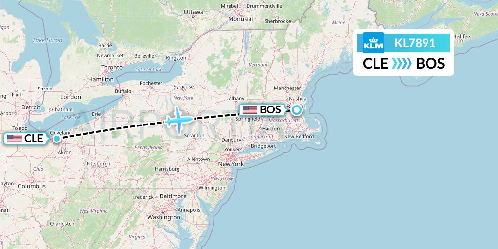 KL7891 KLM Flight Map: Cleveland to Boston