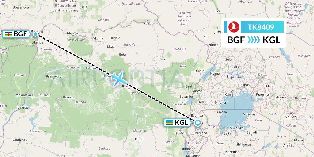 TK8409 Turkish Airlines Flight Map: Bangui to Kigali