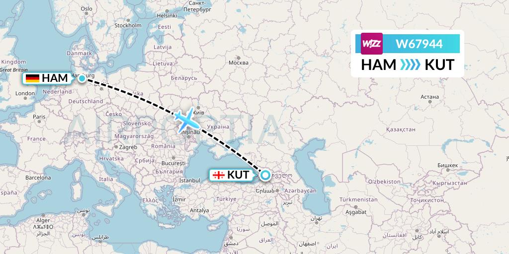 W67944 Wizz Air Flight Map: Hamburg to Kutaisi