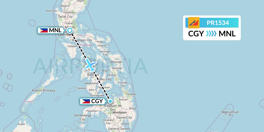 PR1534 Philippine Airlines Flight Map: Cagayan de Oro to Manila
