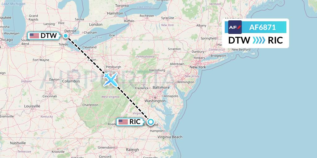 AF6871 Air France Flight Map: Detroit to Richmond