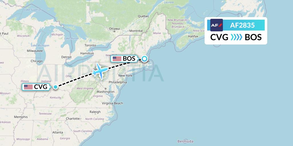 AF2835 Air France Flight Map: Cincinnati to Boston