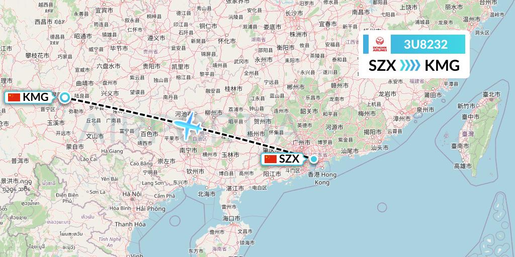 3U8232 Sichuan Airlines Flight Map: Shenzhen to Kunming
