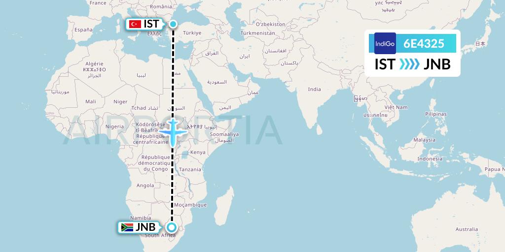 6E4325 IndiGo Airlines Flight Map: Istanbul to Johannesburg