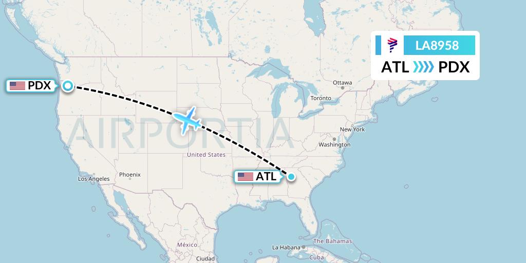 LA8958 LAN Airlines Flight Map: Atlanta to Portland