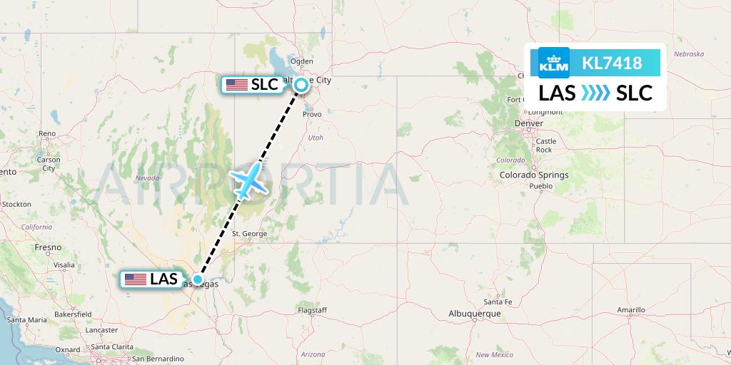 KL7418 KLM Flight Map: Las Vegas to Salt Lake City