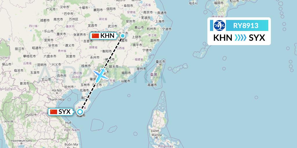 RY8913 Jiangxi Air Flight Map: Nanchang to Sanya
