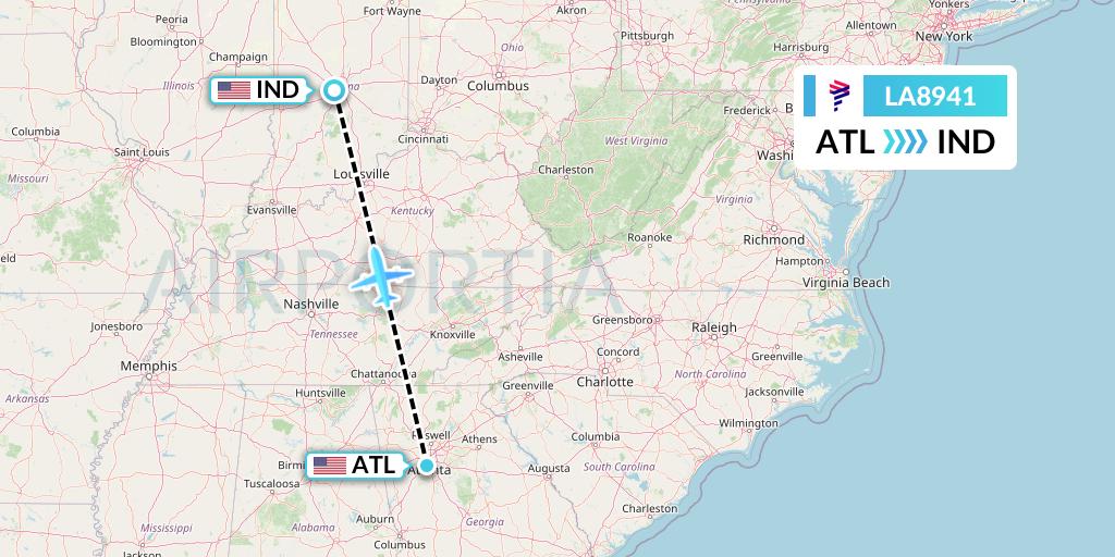 LA8941 LAN Airlines Flight Map: Atlanta to Indianapolis