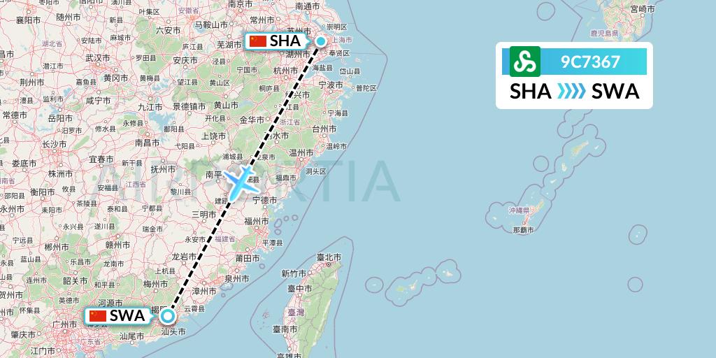 9C7367 Spring Airlines Flight Map: Shanghai to Jieyang
