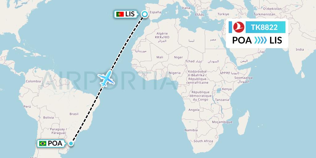 TK8822 Turkish Airlines Flight Map: Porto Alegre to Lisbon