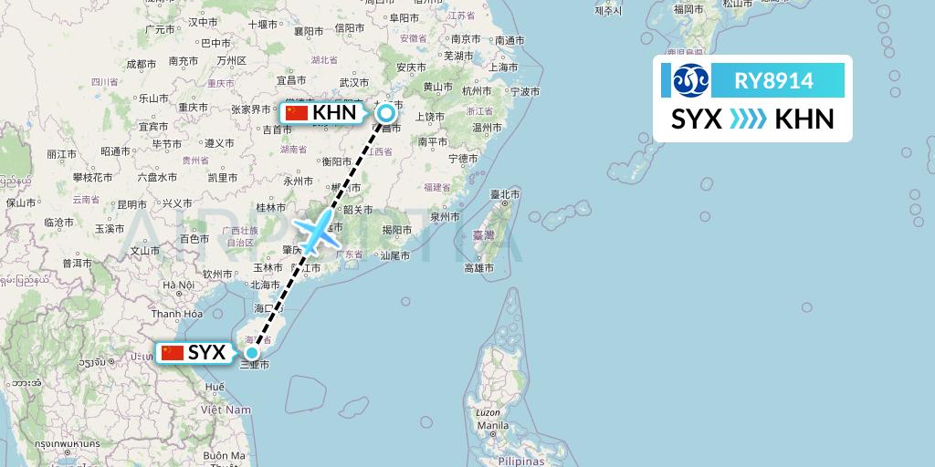 RY8914 Jiangxi Air Flight Map: Sanya to Nanchang