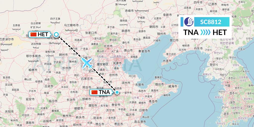 SC8812 Shandong Airlines Flight Map: Jinan to Hohhot
