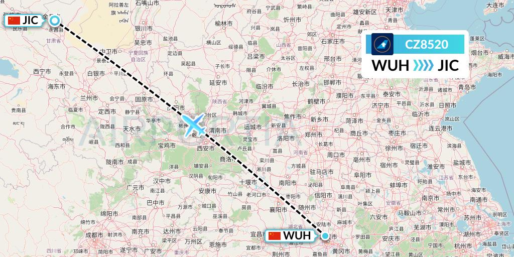 CZ8520 China Southern Airlines Flight Map: Wuhan to Jinchang