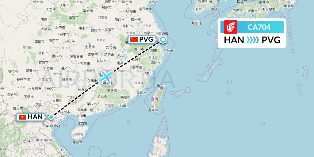 CA704 Air China Flight Map: Hanoi to Shanghai