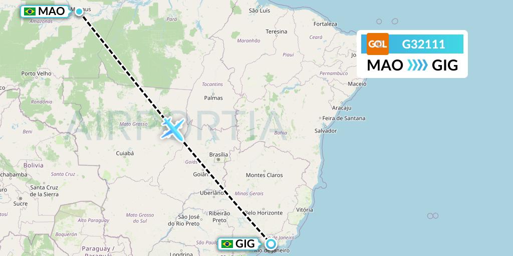 G32111 GOL Transportes Aeros Flight Map: Manaus to Rio de Janeiro