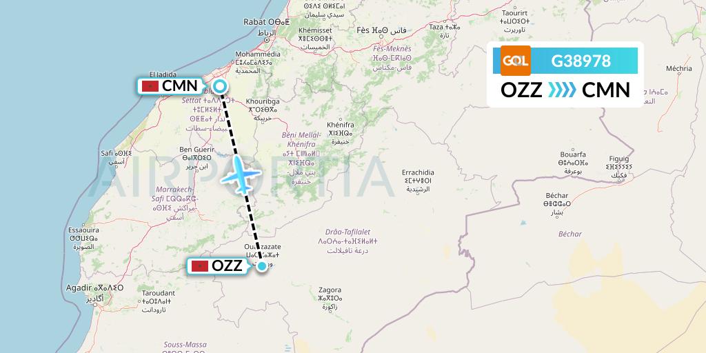 G38978 GOL Transportes Aeros Flight Map: Ouarzazate to Casablanca