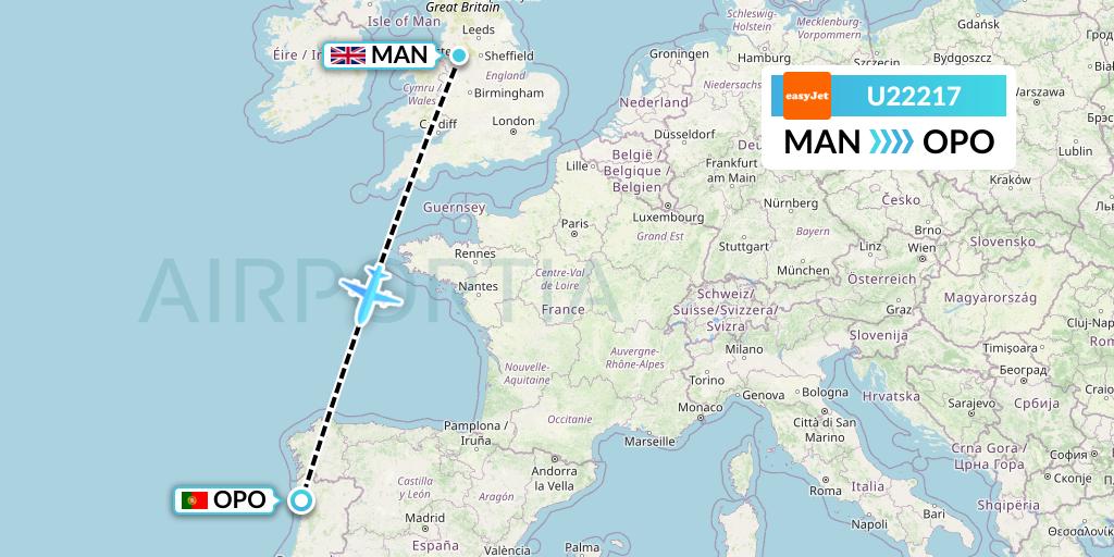 U22217 EasyJet Flight Map: Manchester to Porto