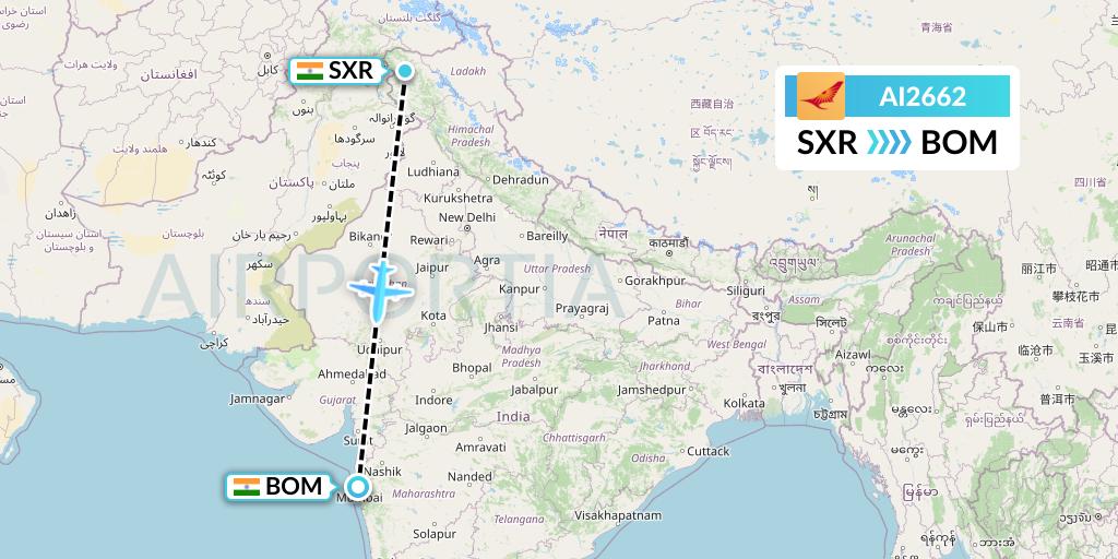 AI2662 Air India Flight Map: Srinagar to Mumbai