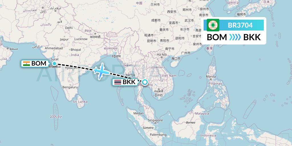 BR3704 EVA Air Flight Map: Mumbai to Bangkok