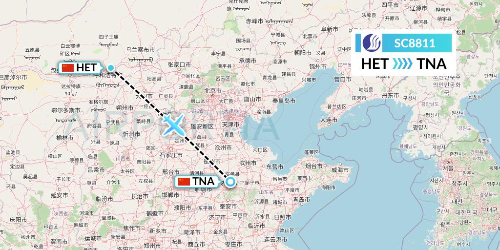 SC8811 Shandong Airlines Flight Map: Hohhot to Jinan