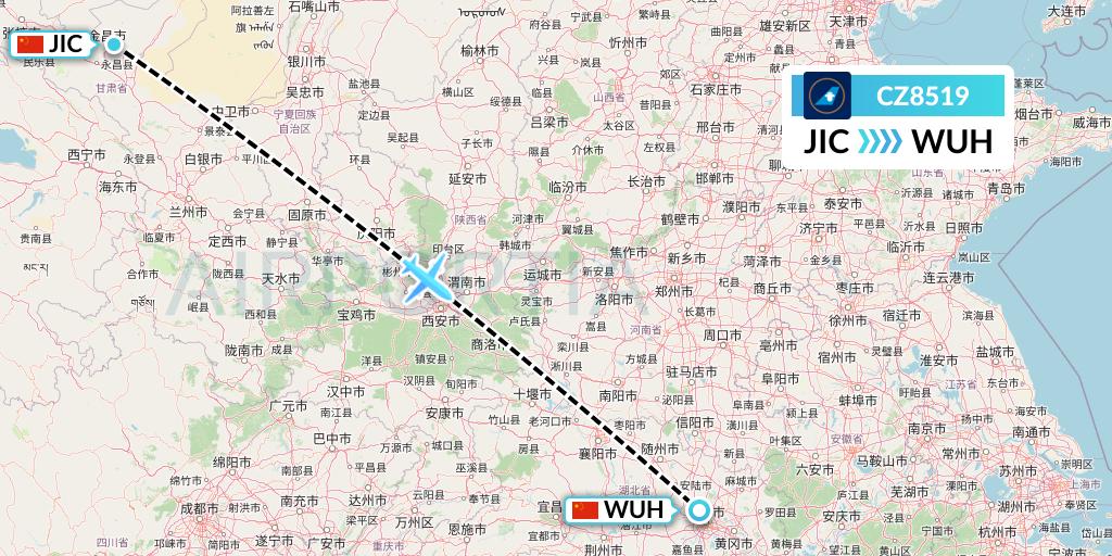 CZ8519 China Southern Airlines Flight Map: Jinchang to Wuhan