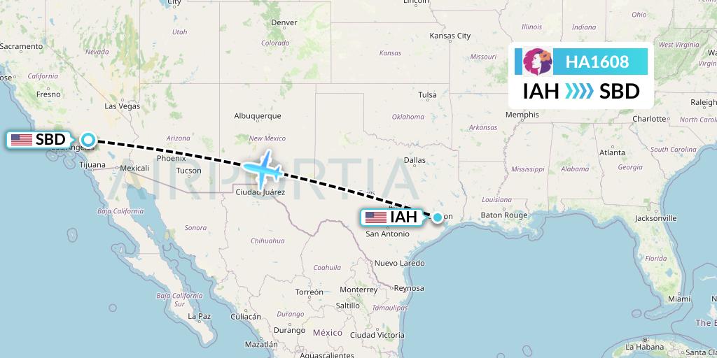 HA1608 Hawaiian Airlines Flight Map: Houston to San Bernardino