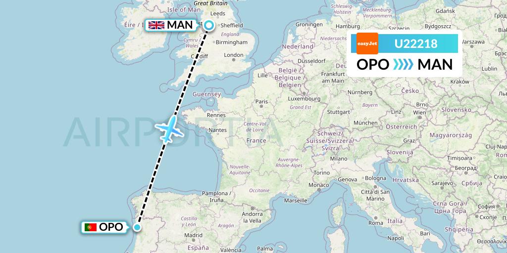 U22218 EasyJet Flight Map: Porto to Manchester
