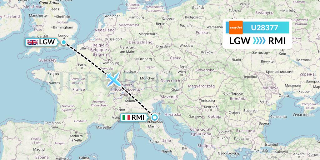 U28377 EasyJet Flight Map: London to Rimini
