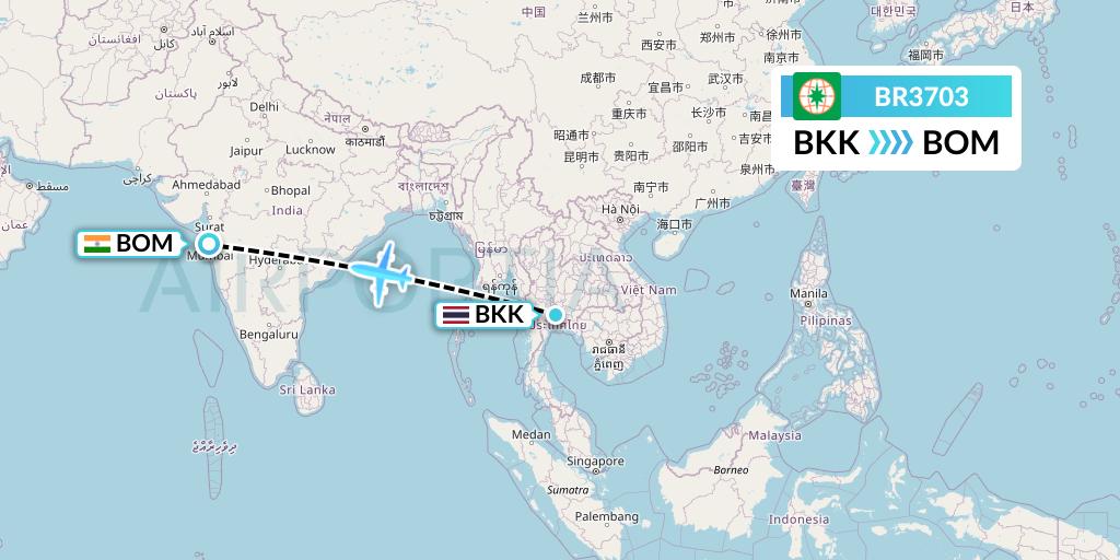 BR3703 EVA Air Flight Map: Bangkok to Mumbai