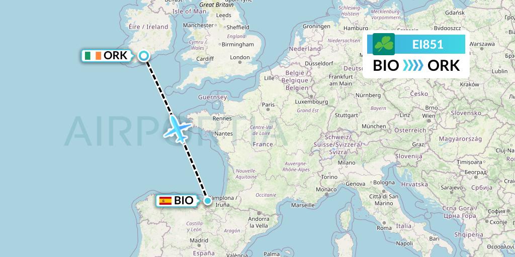 EI851 Aer Lingus Flight Map: Bilbao to Cork