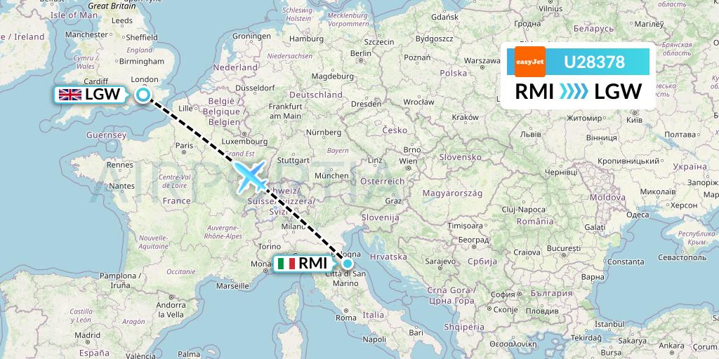 U28378 EasyJet Flight Map: Rimini to London