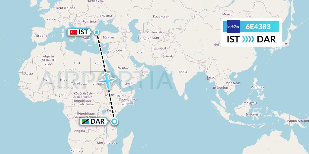 6E4383 IndiGo Airlines Flight Map: Istanbul to Dar-es-Salaam