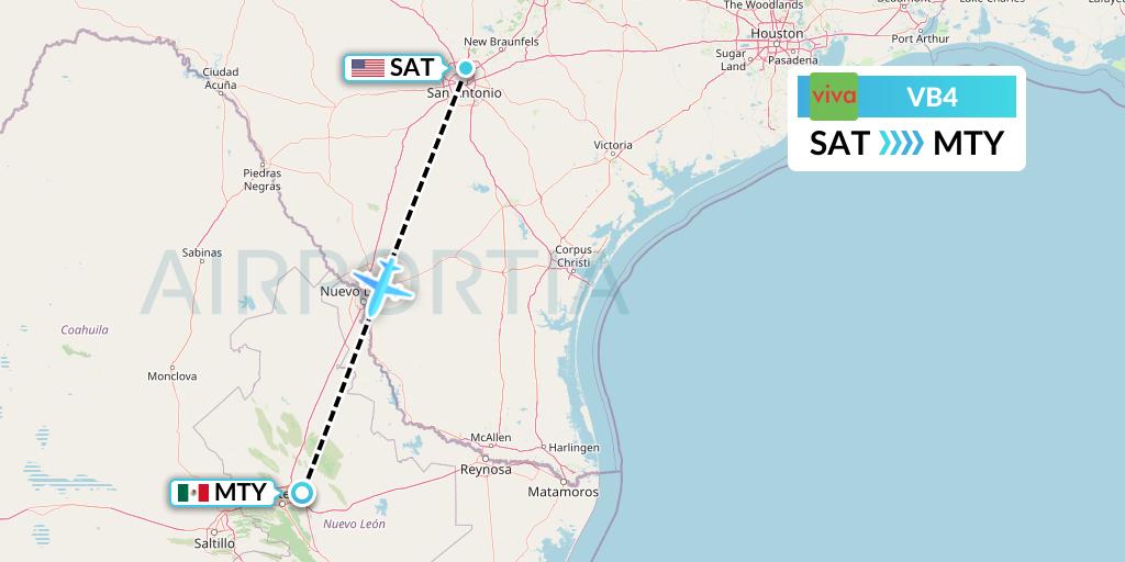 VB4 VivaAerobus Flight Map: San Antonio to Monterrey
