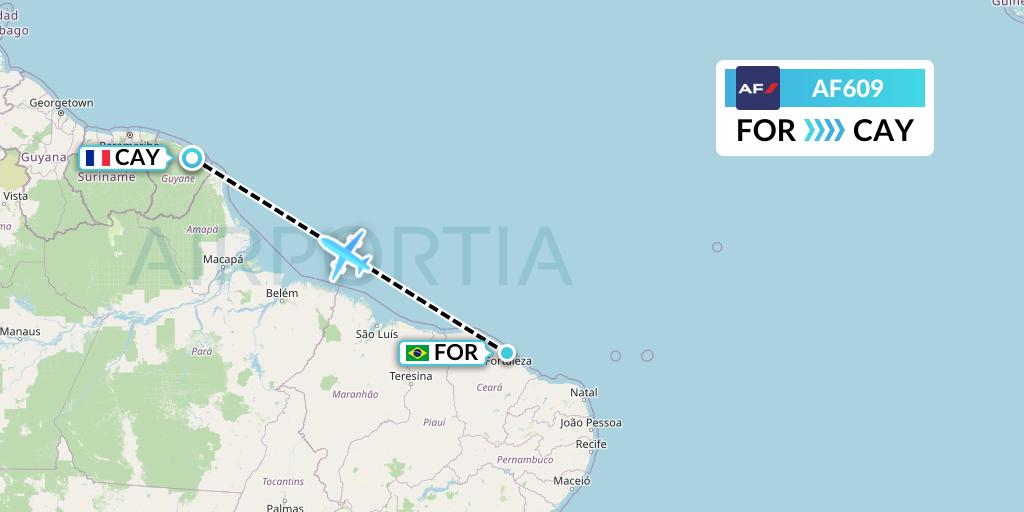 AF609 Air France Flight Map: Fortaleza to Cayenne