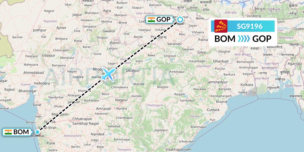 SG9196 SpiceJet Flight Map: Mumbai to Gorakhpur