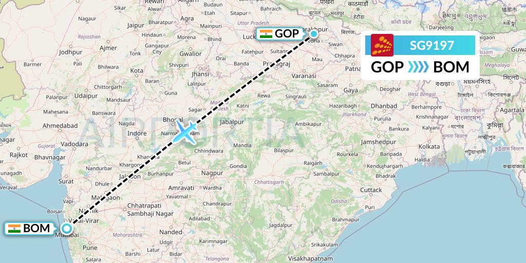SG9197 SpiceJet Flight Map: Gorakhpur to Mumbai